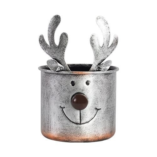 Tin Pail Silver Reindeer Plant Pot 20cm Christmas Festive Gift Deer Planter Xmas