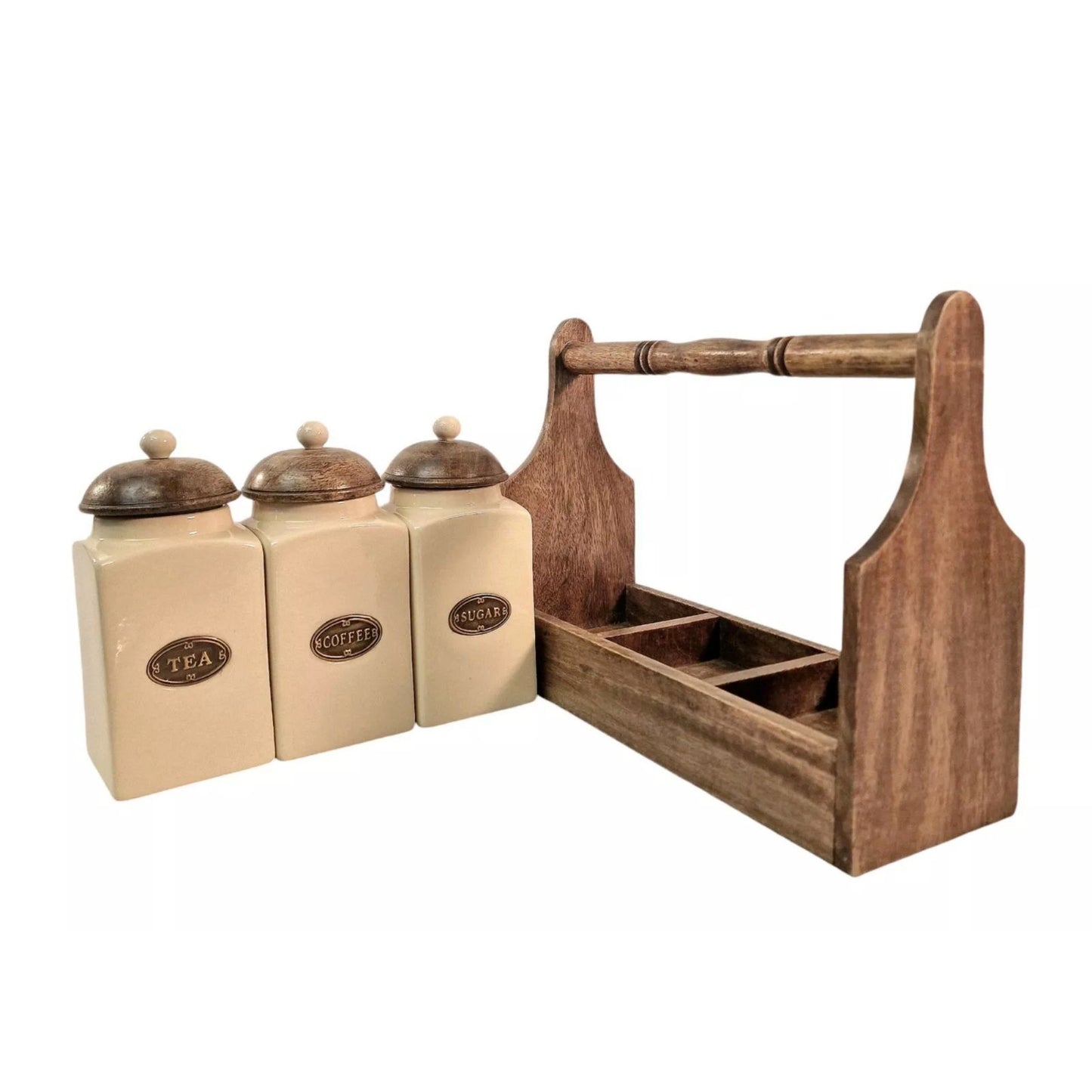 Cream Ceramic Coffee Tea Sugar Jars Air Tight Lids Brown Wooden Rack Kitchen