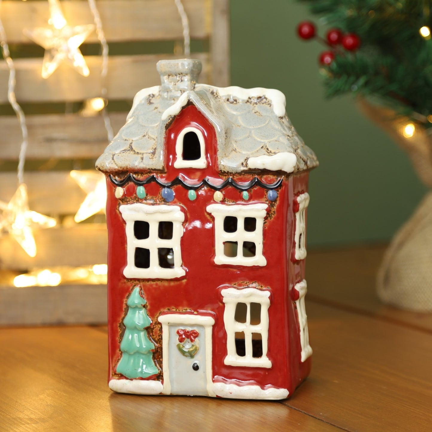 Ceramic Christmas Tealight Holder Cottage Village Scene Townhouse Xmas Ornament