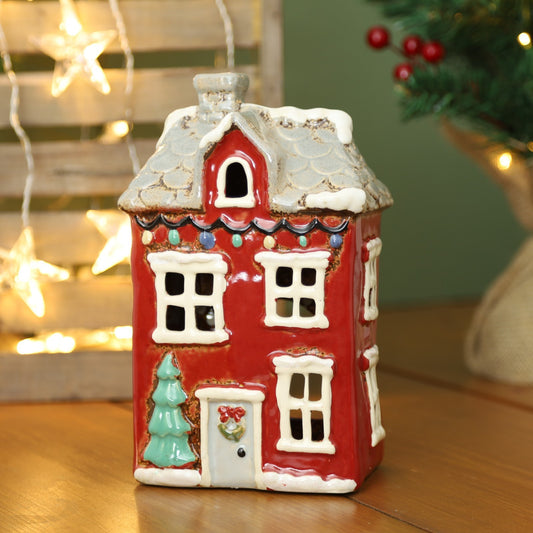 Ceramic Christmas Tealight Holder Cottage Village Scene Townhouse Xmas Ornament