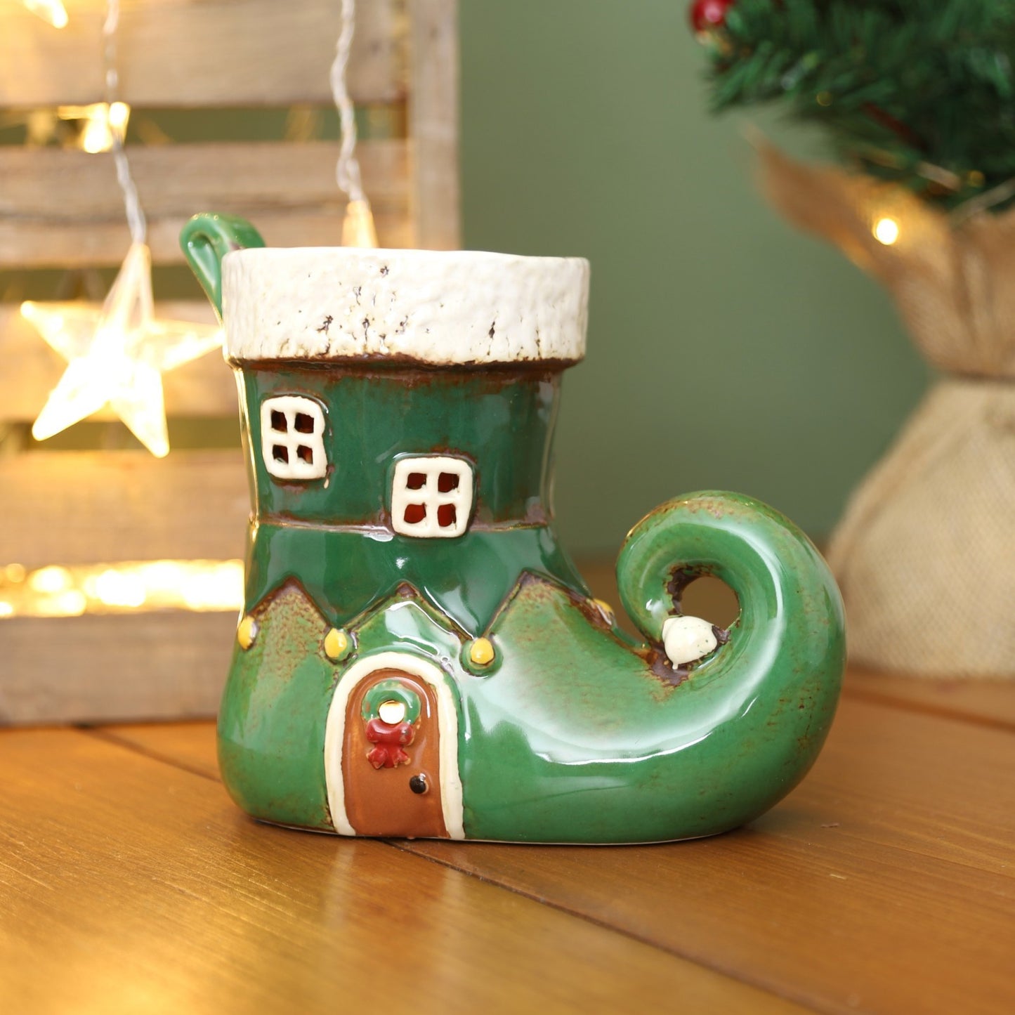 Ceramic Green Elf's Boot Wax Melt Burner Christmas Wax Warmer Xmas Ornament Gift