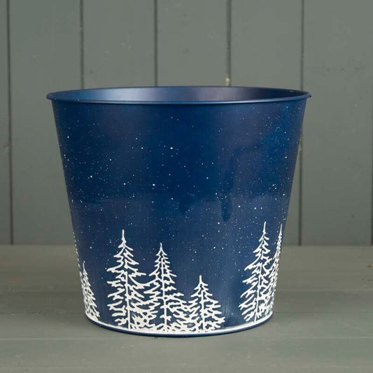 Blue Zinc Tall Winter Wonderland Planter Pot with Drainage Christmas Xmas Gift