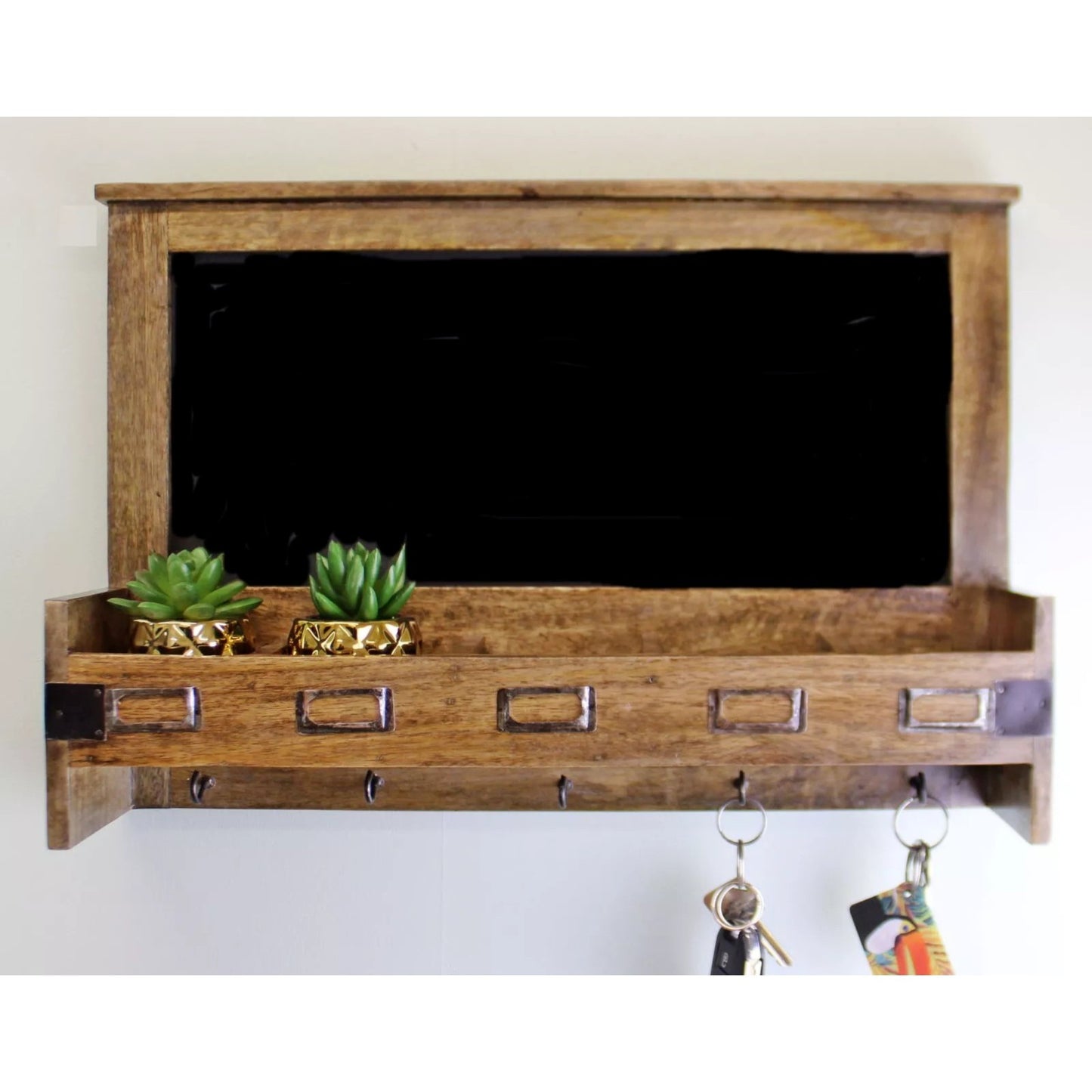 Blackboard with 5 Storage Slots & Key Hooks Rustic Mango Wood Message Board