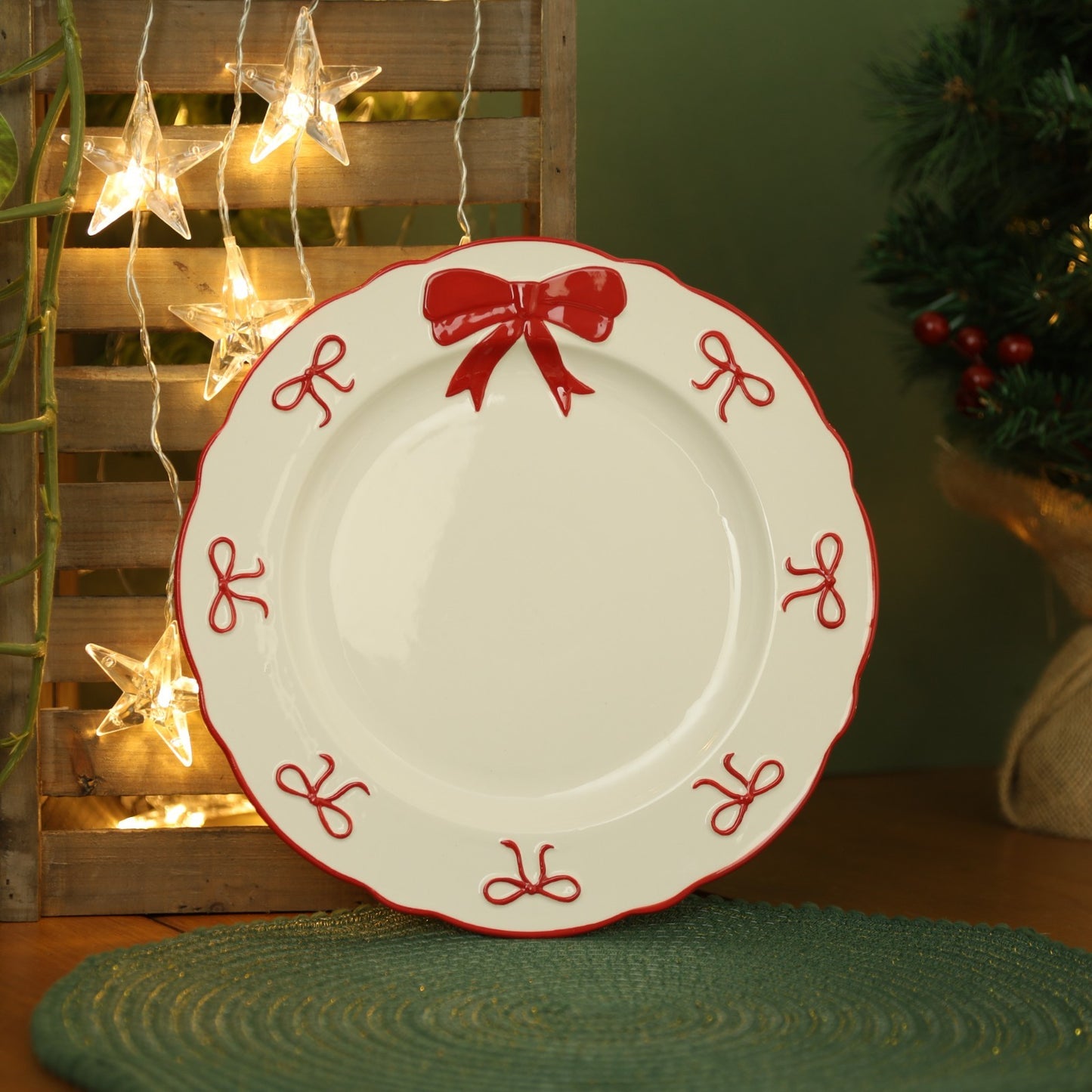 Ceramic White Plate Red Bows, Rim Dinner Tableware Dining Table Xmas Christmas
