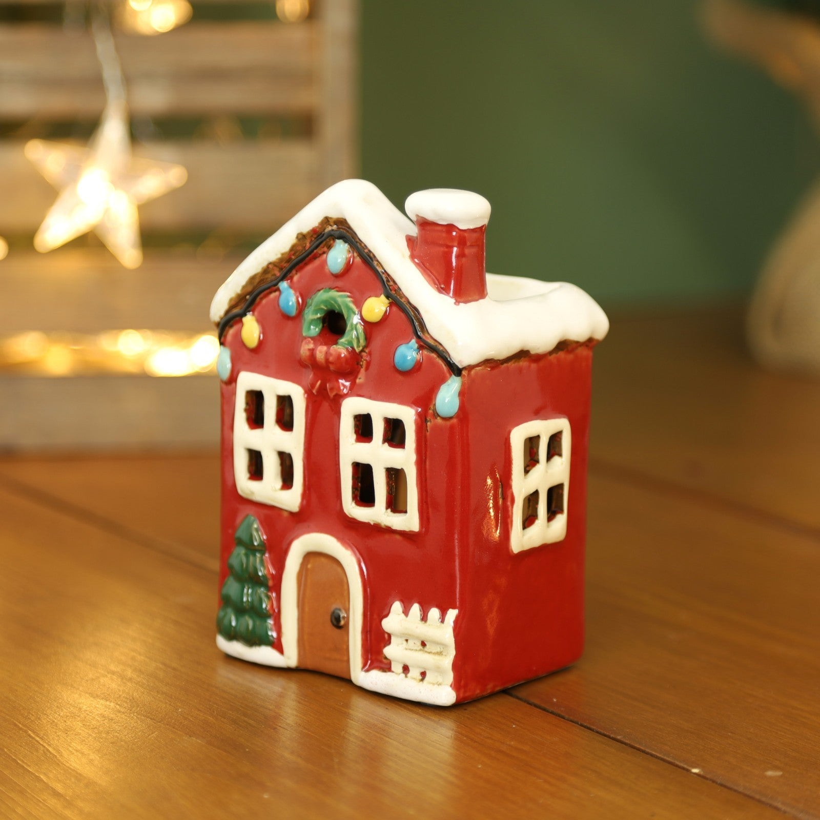Ceramic Christmas Wax Melt House Holder Red Cottage Village Scene Ornament Xmas