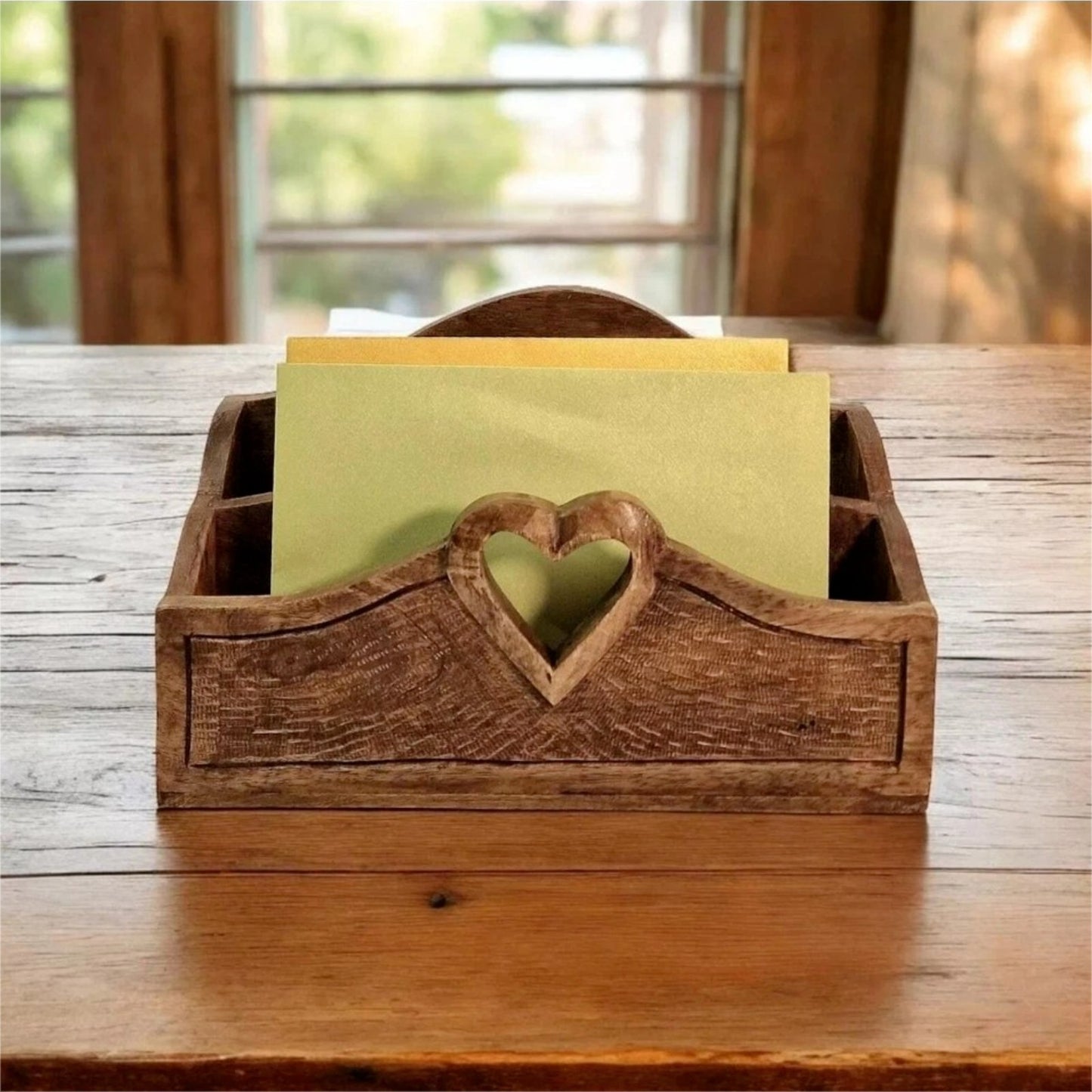 Mango Wood Letter Rack with Heart Design Rustic Mail Organizer Valentine Home