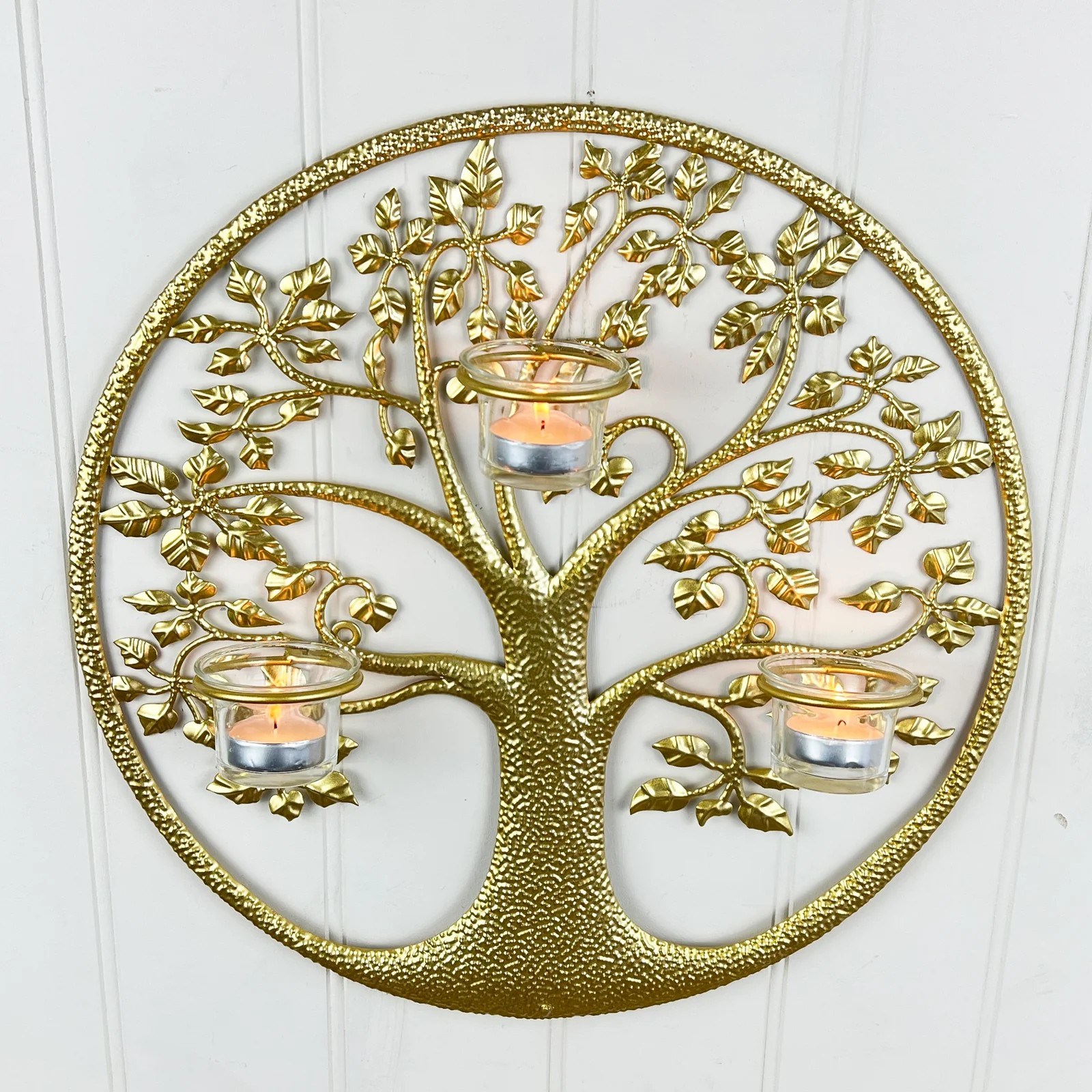Round Gold Tree of Life Wall Art Tea Light Candle Holder Wall Mount Plaque Decor