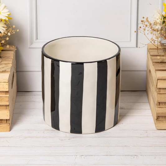 Black White Ceramic Planter 17cm Glazed Plant Pot Cover Cachepot Utensil Holder