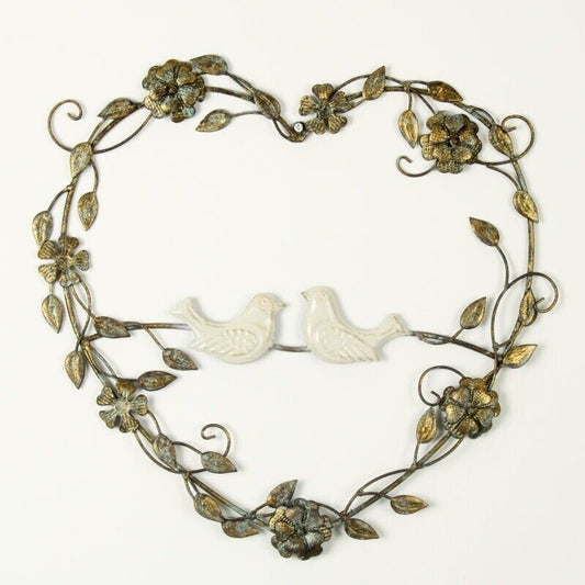 Metal Antique Gold Heart Wreath Birds & Flowers Shabby Chic French Wall Decor