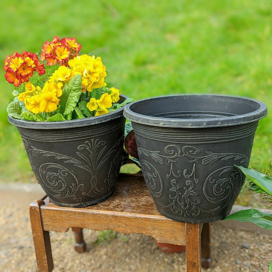 Planter Pot Round Garden Decorative Outdoor Ornate Black Gothic 30cm Plant Pots