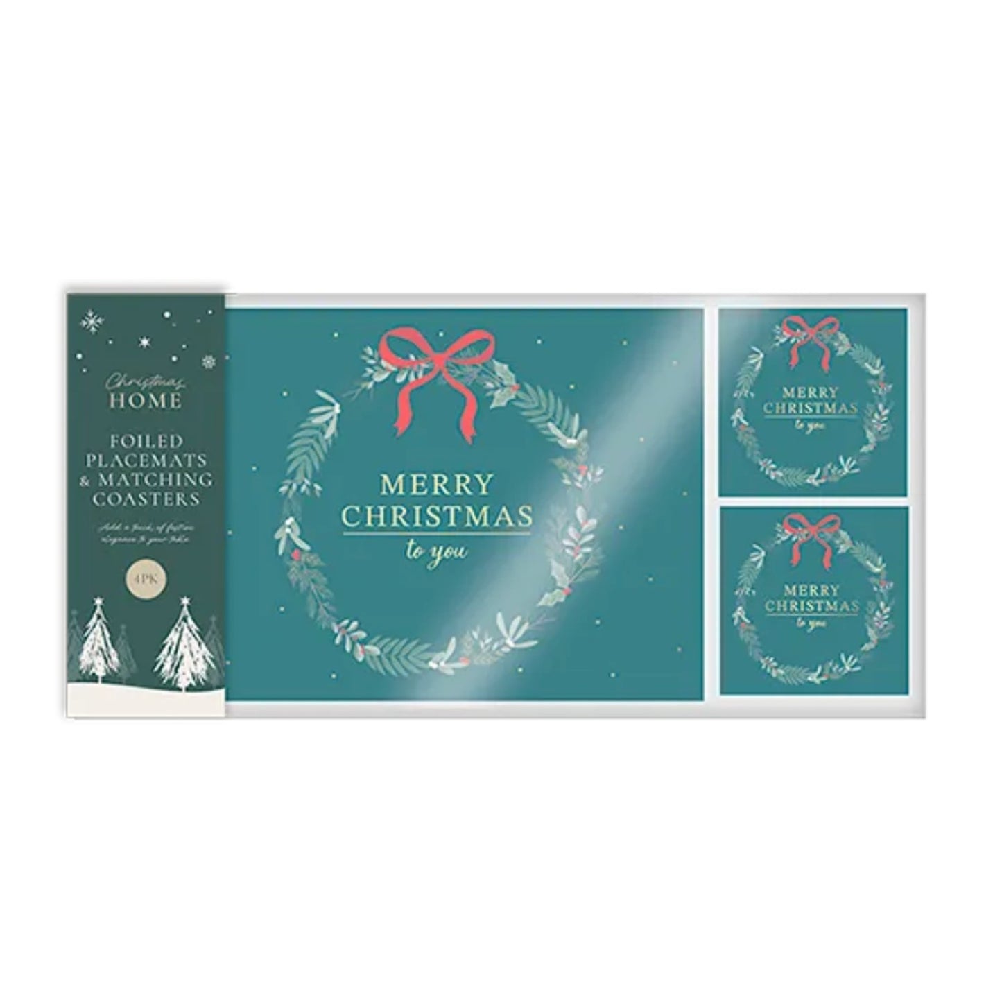 4Pc Foiled Placemats & Coasters Set Christmas Festive Dining Table Mats Non Slip