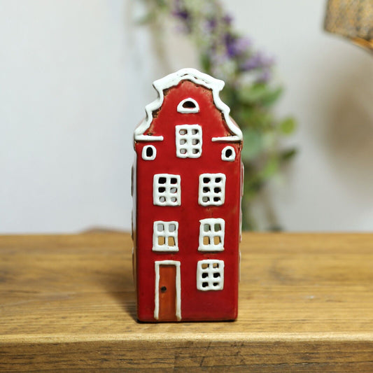 Red Ceramic House Tealight Candle Holder Village Pottery Cottage Festive Xmas