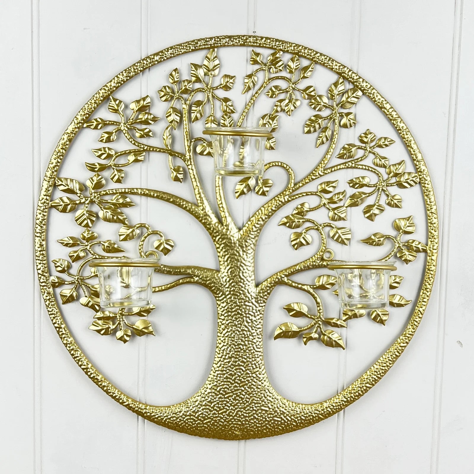 Round Gold Tree of Life Wall Art Tea Light Candle Holder Wall Mount Plaque Decor