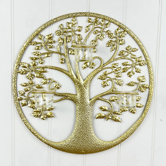 Round Gold Tree of Life Wall Art Tea Light Candle Holder Wall Mount Plaque Decor