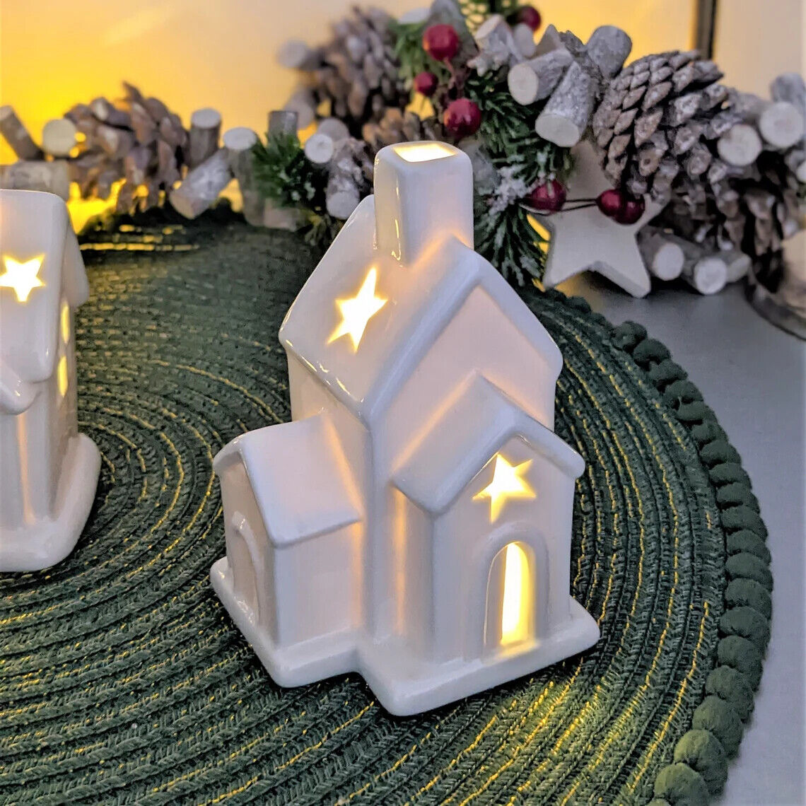 White Ceramic LED Small House Church Light Up Hut Xmas Christmas Decor Ornament