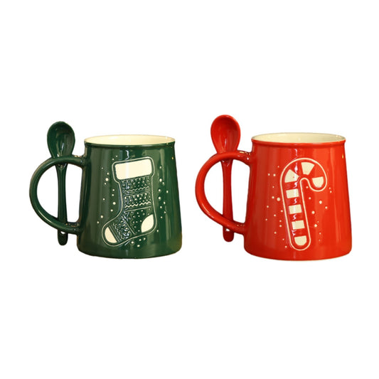 Christmas Embossed Stoneware Mug with Spoon Tea Coffee Cup Festive Xmas Home