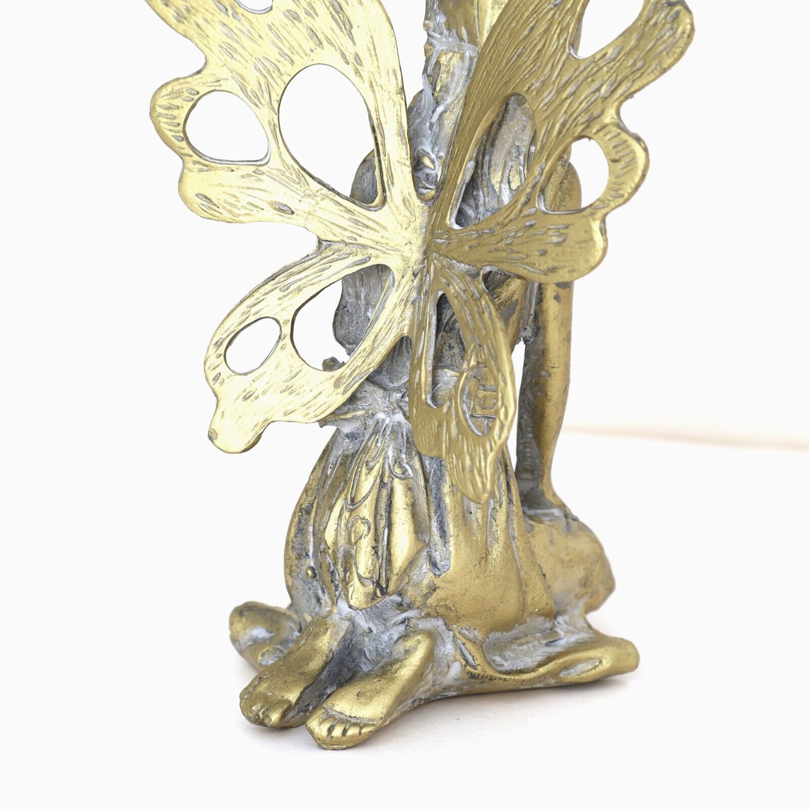 Antique Resin Fairy with Metal Wings Statue Sitting Garden Home Decor Ornament
