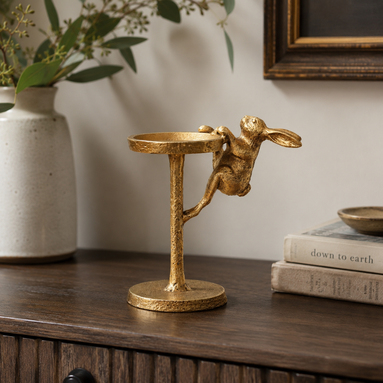 Cast Iron Hare Pillar Candle Holder Antique Gold Rabbit Candle Stand Ornament