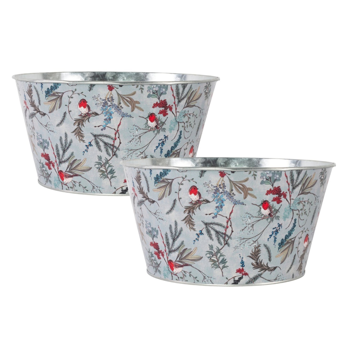 Tin Pail Robin Floral Bowl Plant Pot 21cm Christmas Metal Planter Xmas Bucket