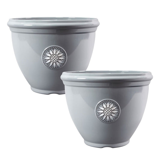 2Pc Round Grey Plant Pot 30cm Garden Outdoor 11L Sunflower Planter Gloss Finish