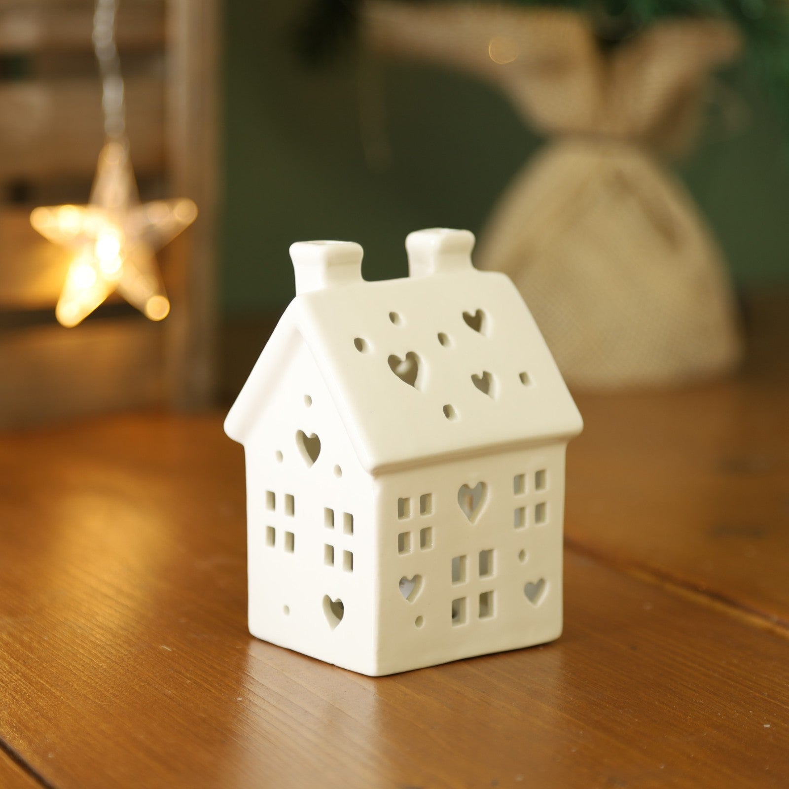 LED House Ceramic Hut Set Small Medium Pair White Village Scene Heart Cut Decor