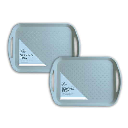 2Pc Blue Pastel Anti Slip Serving Tray Rubber Easy Grip Handles Wipe Clean Home