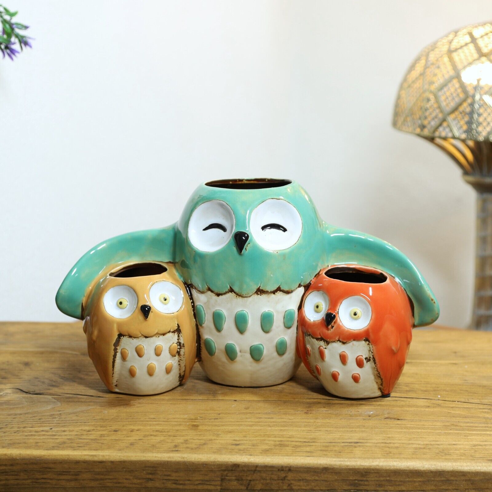 Ceramic Triple Owl Plant Pot 30cm Bird Shaped Planter Rustic Distressed Ornament