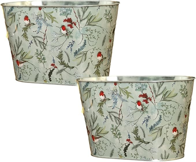 Tin Pail Robin Floral Trough 21cm Plant Pot Christmas Metal Planter Xmas Tub