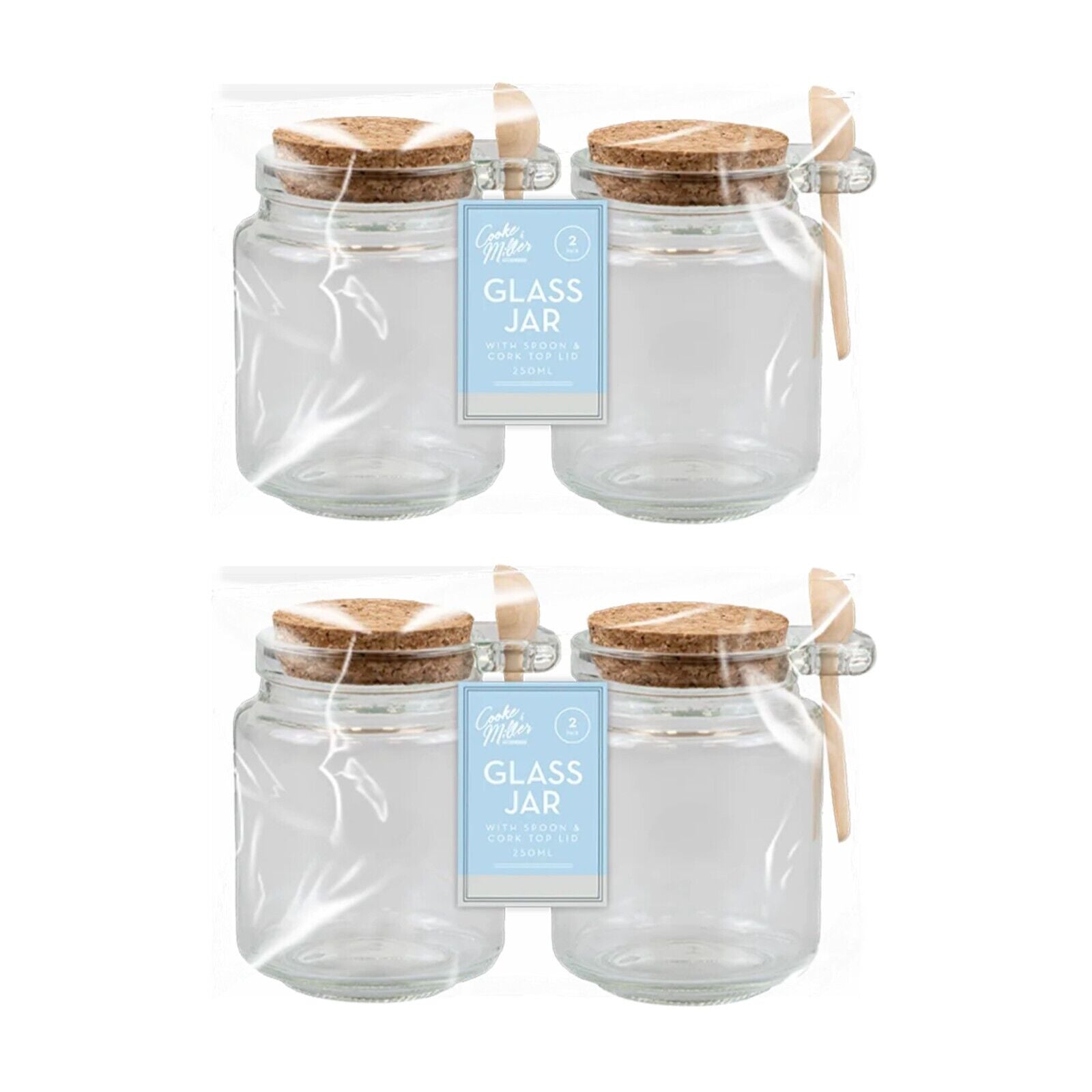4Pc Glass Jars Airtight Cork Top, Wooden Spoon 250ML Storage Herb Spices Kitchen
