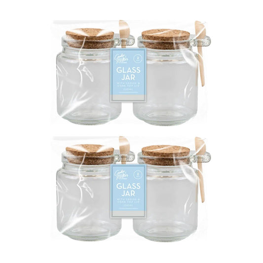 4Pc Glass Jars Airtight Cork Top, Wooden Spoon 250ML Storage Herb Spices Kitchen