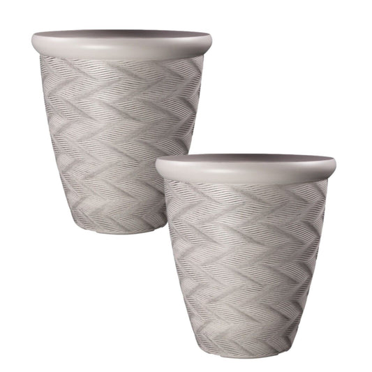 2Pc Round Grey Plant Pot 33cm Outdoor 14.5L Tall Gloss Woven Garden Planter
