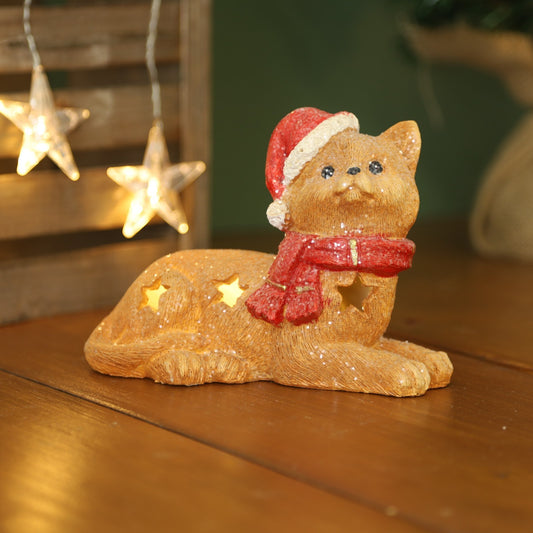 Christmas Cement Sitting Cat With Led Ornament Scarf Cap Stars Cutout Home Gift