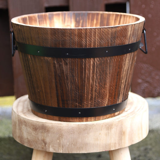 2Pc Round Wooden Barrel Planter 28cm with Metal Handles Band Garden Outdoor Tub