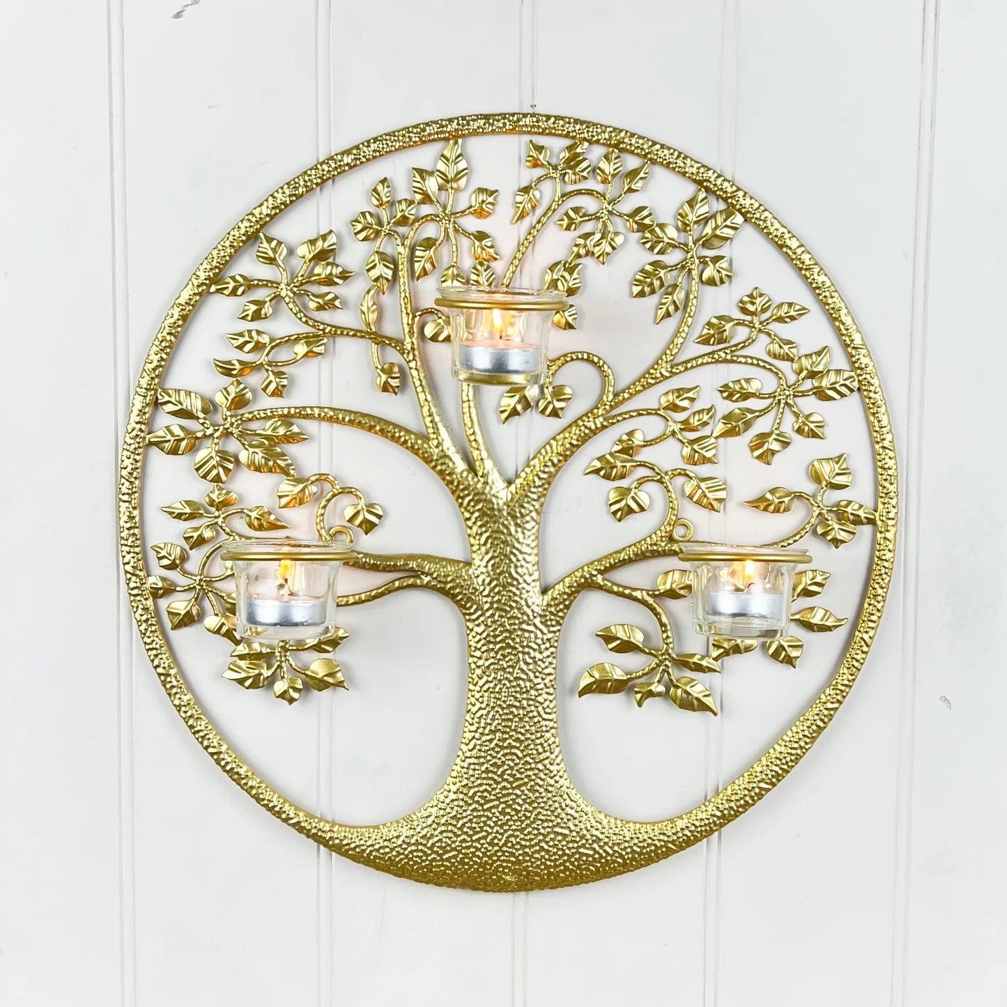 Round Gold Tree of Life Wall Art Tea Light Candle Holder Wall Mount Plaque Decor