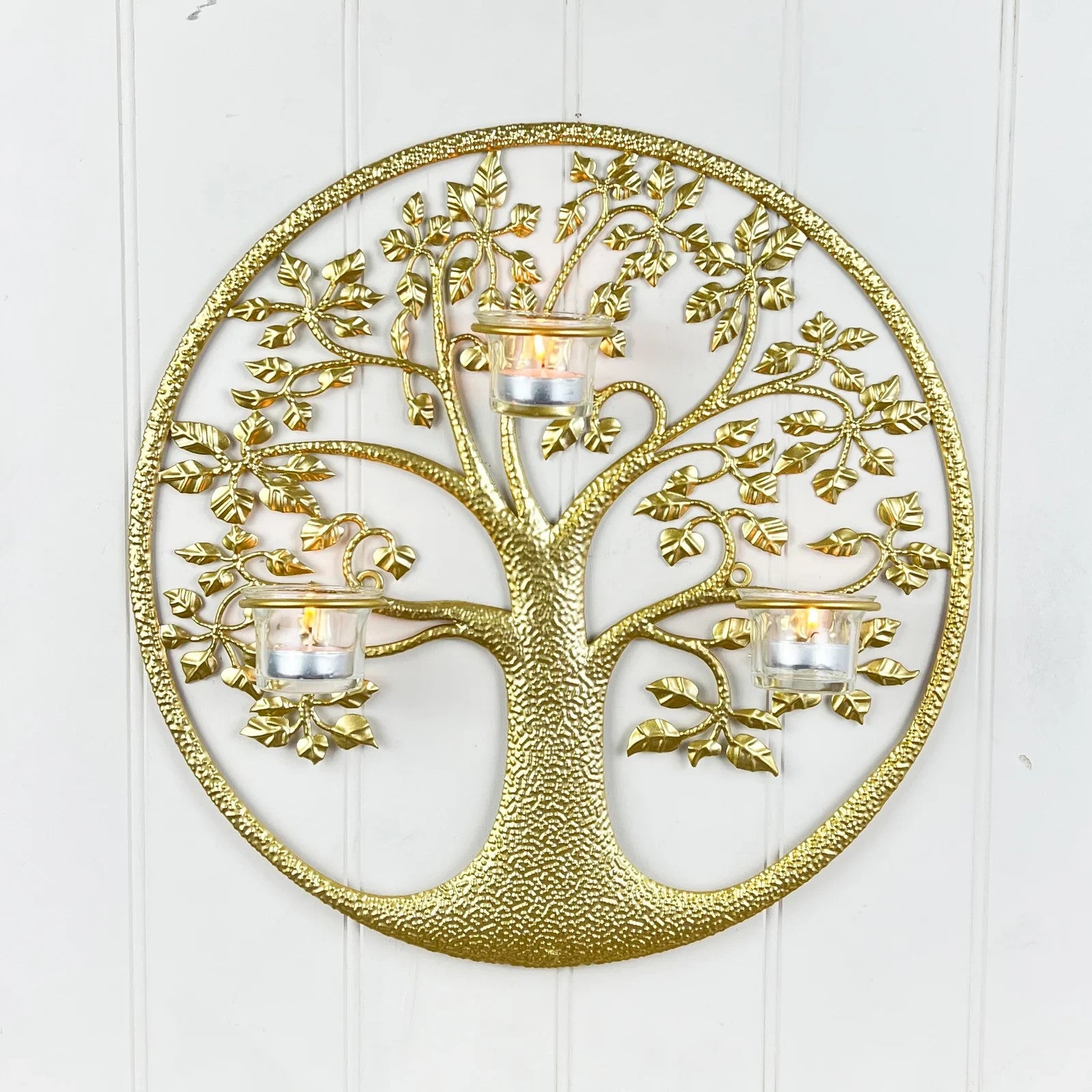 Round Gold Tree of Life Wall Art Tea Light Candle Holder Wall Mount Plaque Decor