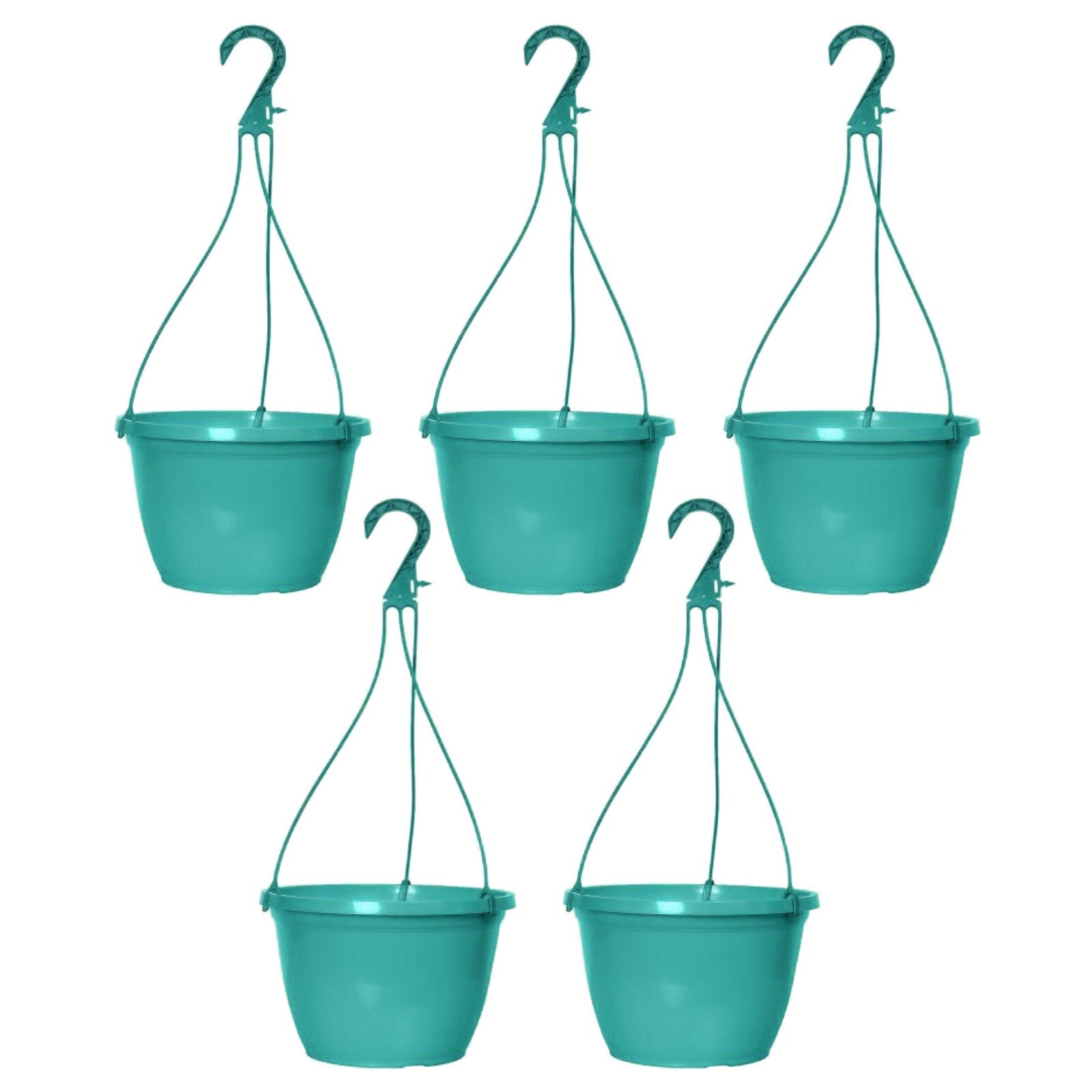 Round Plastic Teal Hanging Basket 26cm Glossy Plant Pot 5L Garden Hook Planter
