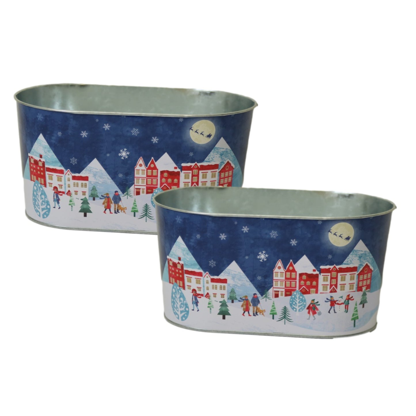 Blue Oval Zinc Trough Christmas Village Scene Planter Festive Xmas Decor Pot