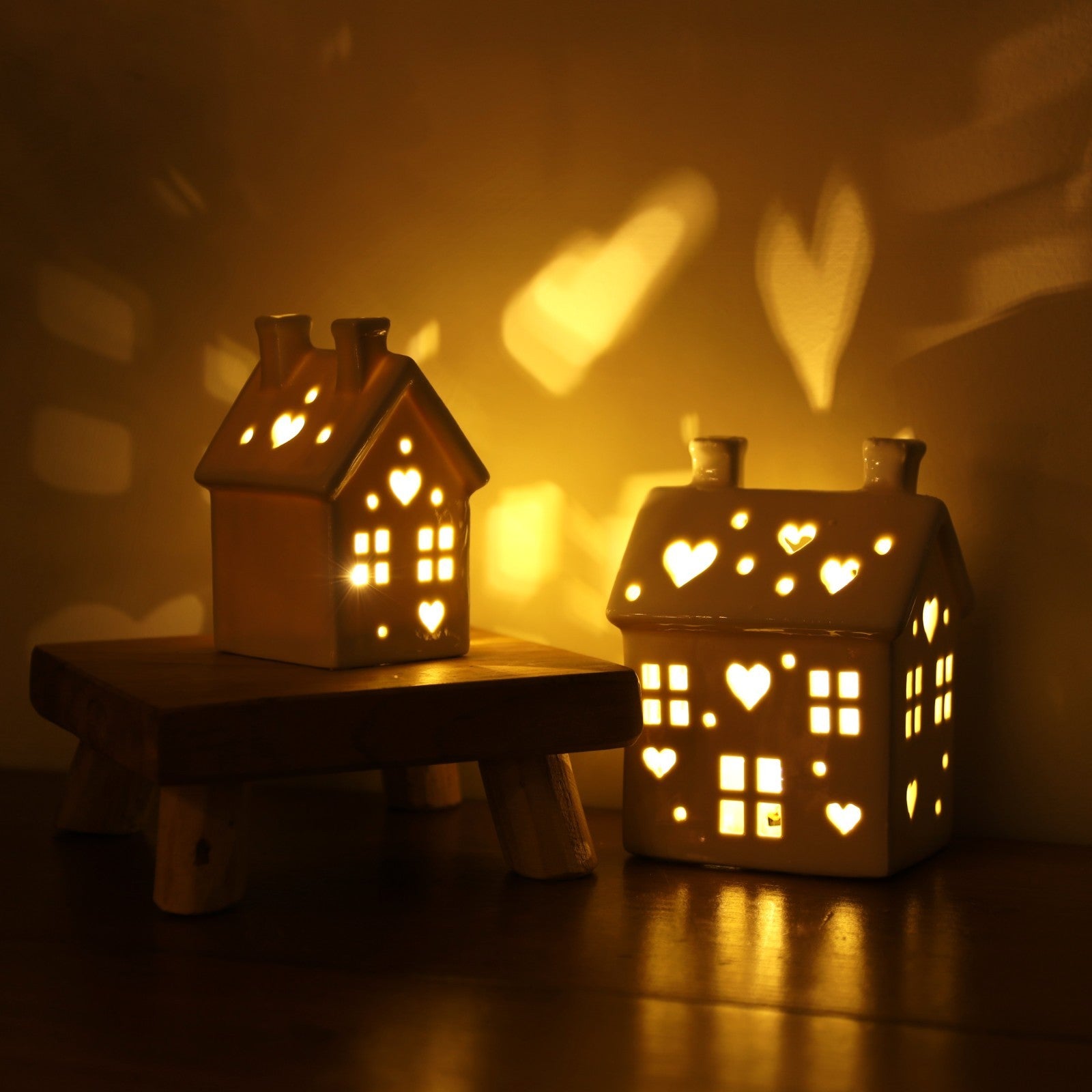 LED House Ceramic Hut Set Small Medium Pair White Village Scene Heart Cut Decor