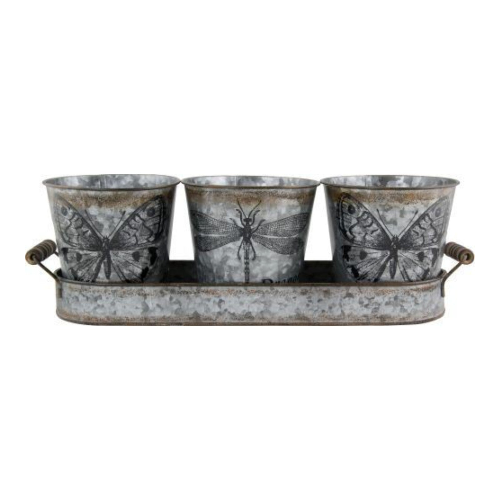 3Pc Tin Plant Pots in Tray Butterfly Design Vintage Indoor Outdoor Metal Planter