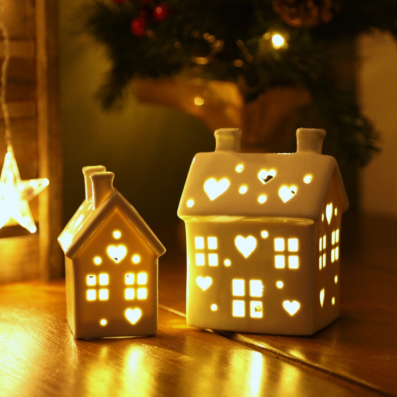 LED House Ceramic Hut Set Small Medium Pair White Village Scene Heart Cut Decor