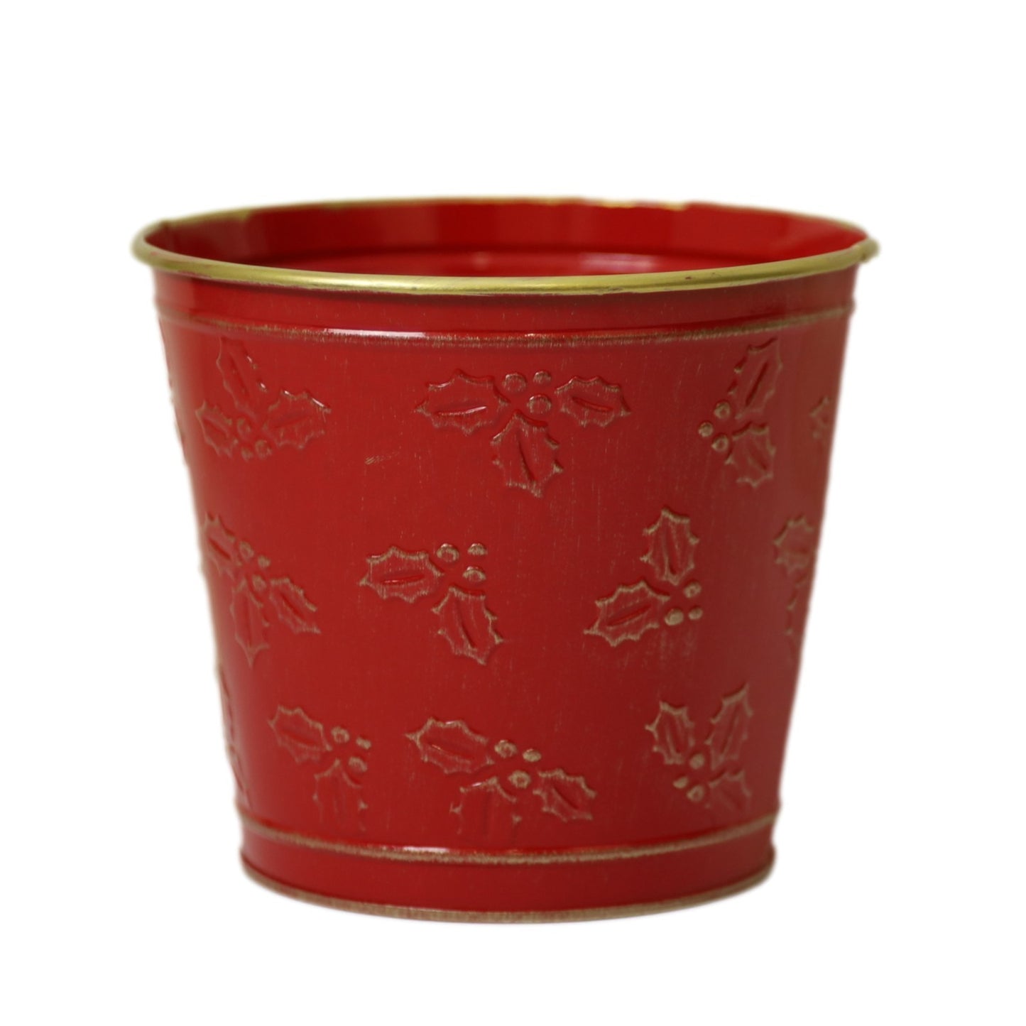 Metal Red Plant Pot 15cm Holly Embossed Christmas Planter Gold Rim Xmas Festive