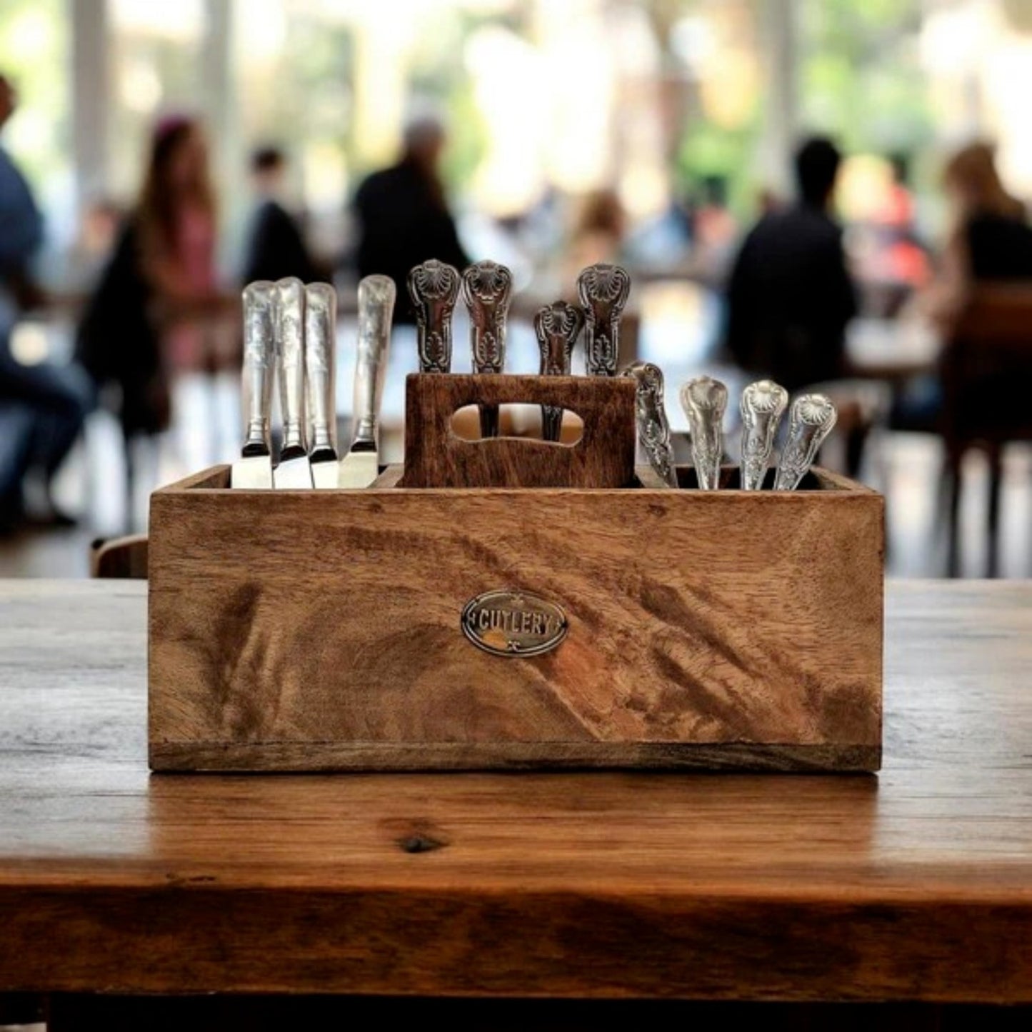 Mango Wood Cutlery Stand with Handle Kitchen Dining Table Caddy Utensils Holder