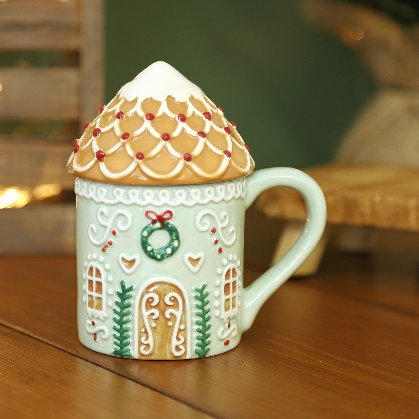 Gingerbread House Ceramic Mug with Lid Christmas Festive Cup Coffee Tea Drink