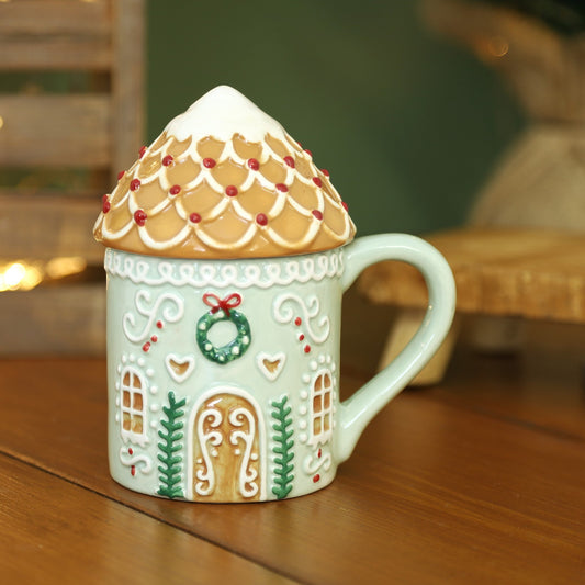 Gingerbread House Ceramic Mug with Lid Christmas Festive Cup Coffee Tea Drink