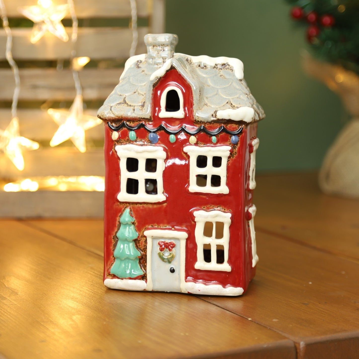 Ceramic Christmas Tealight Holder Cottage Village Scene Townhouse Xmas Ornament