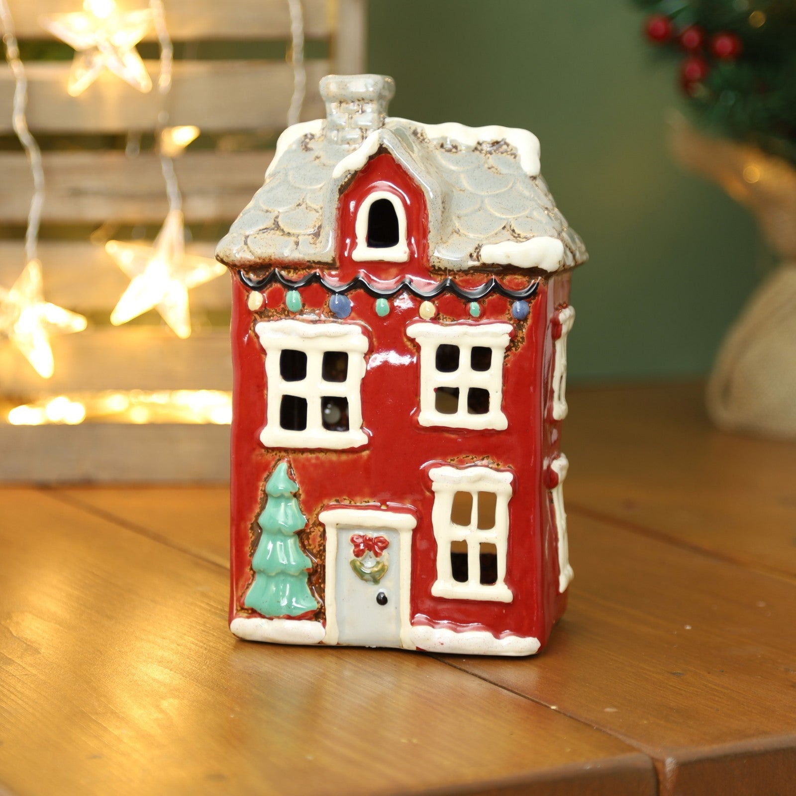 Ceramic Christmas Tealight Holder Cottage Village Scene Townhouse Xmas Ornament