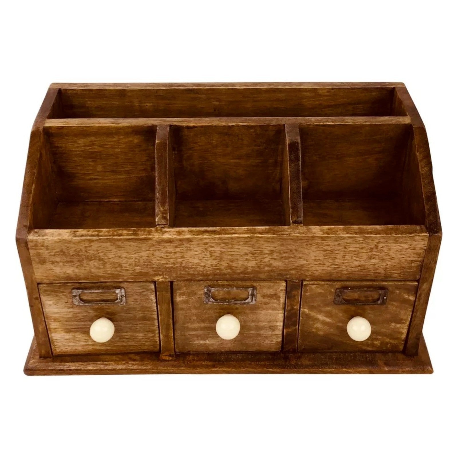 Rustic Wooden Desk Organiser Drawers Desktop Stationery Storage Box Tidy Office