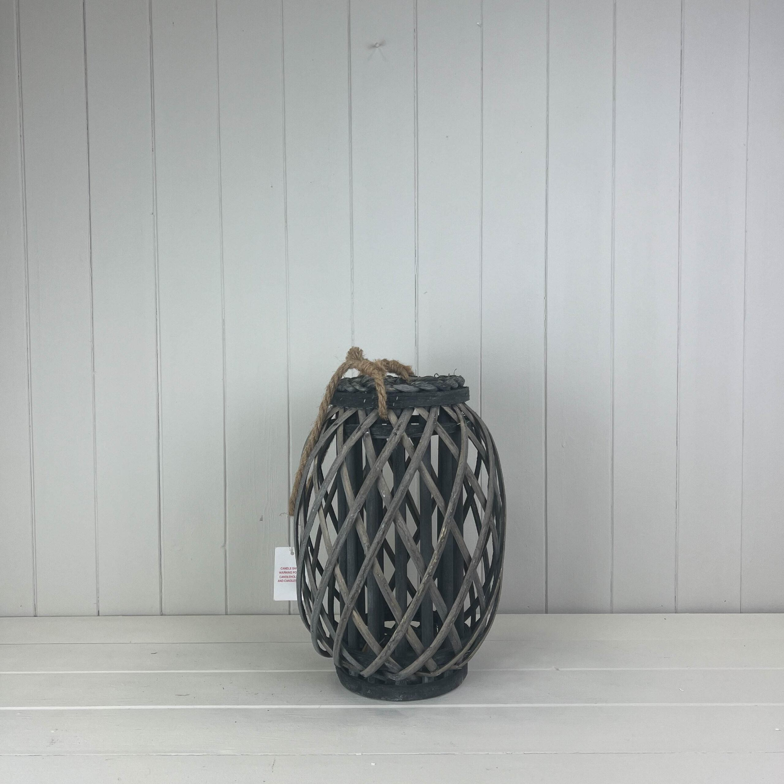 Grey Wicker Lantern Candle Holder Farmhouse Home Garden Shabby Chic Vintage