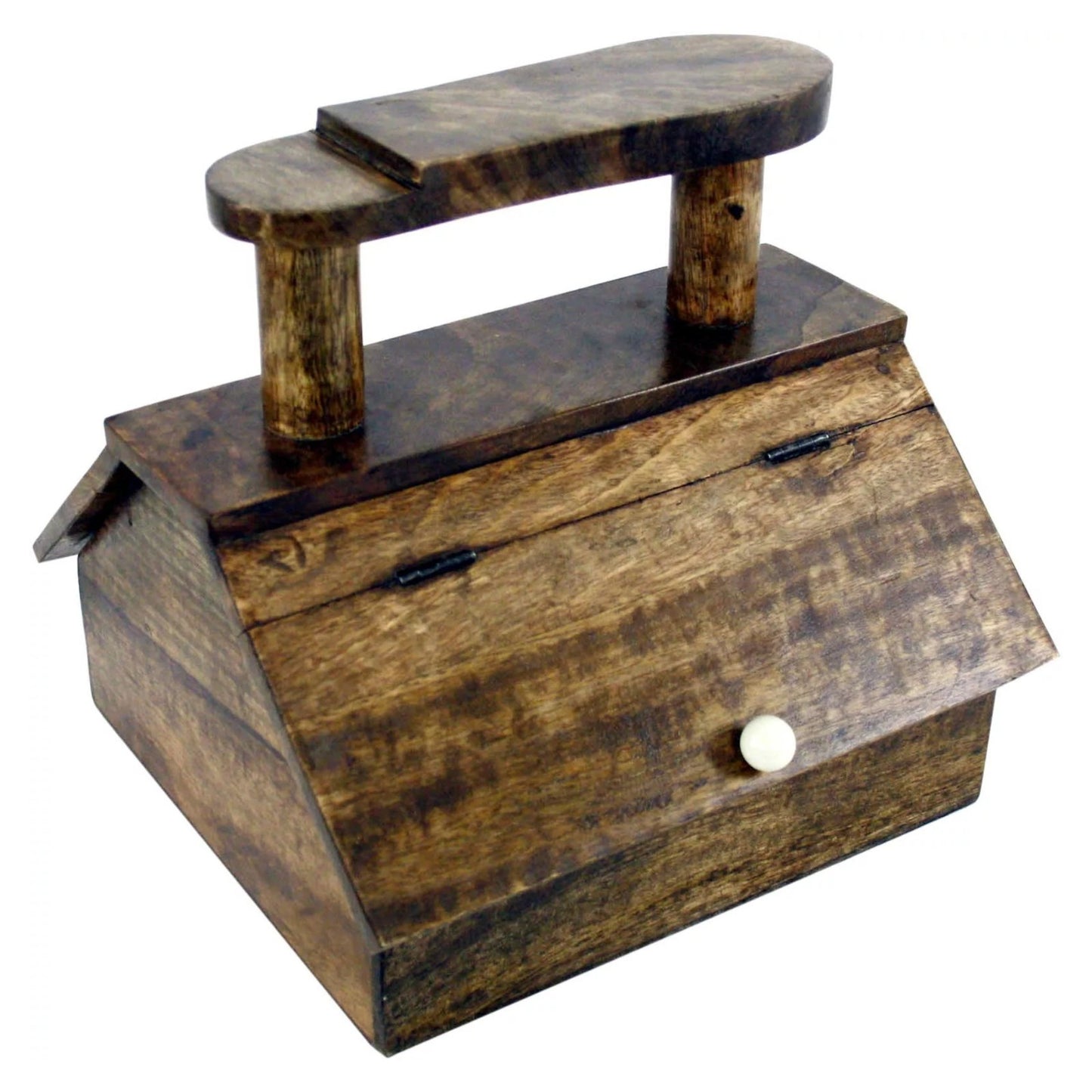 Brown Shoe Shine Cabinet with Handle Solid Mango Wood Lidded Storage Shoe Polish