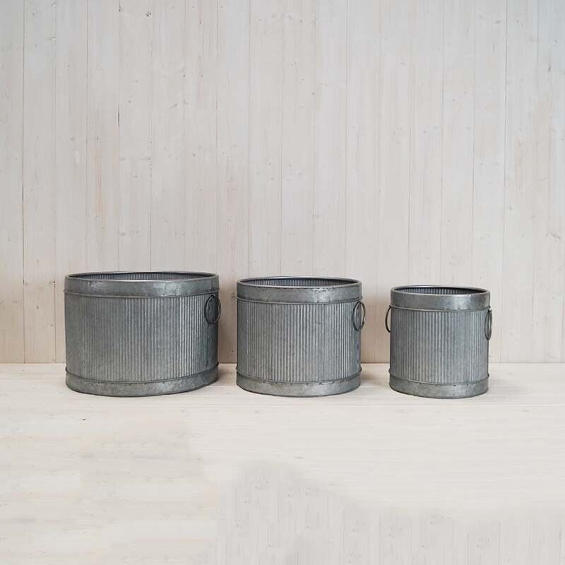 3X Large Round Vintage Galvanised Metal Ribbed Planters Plant Flower Pot Handles